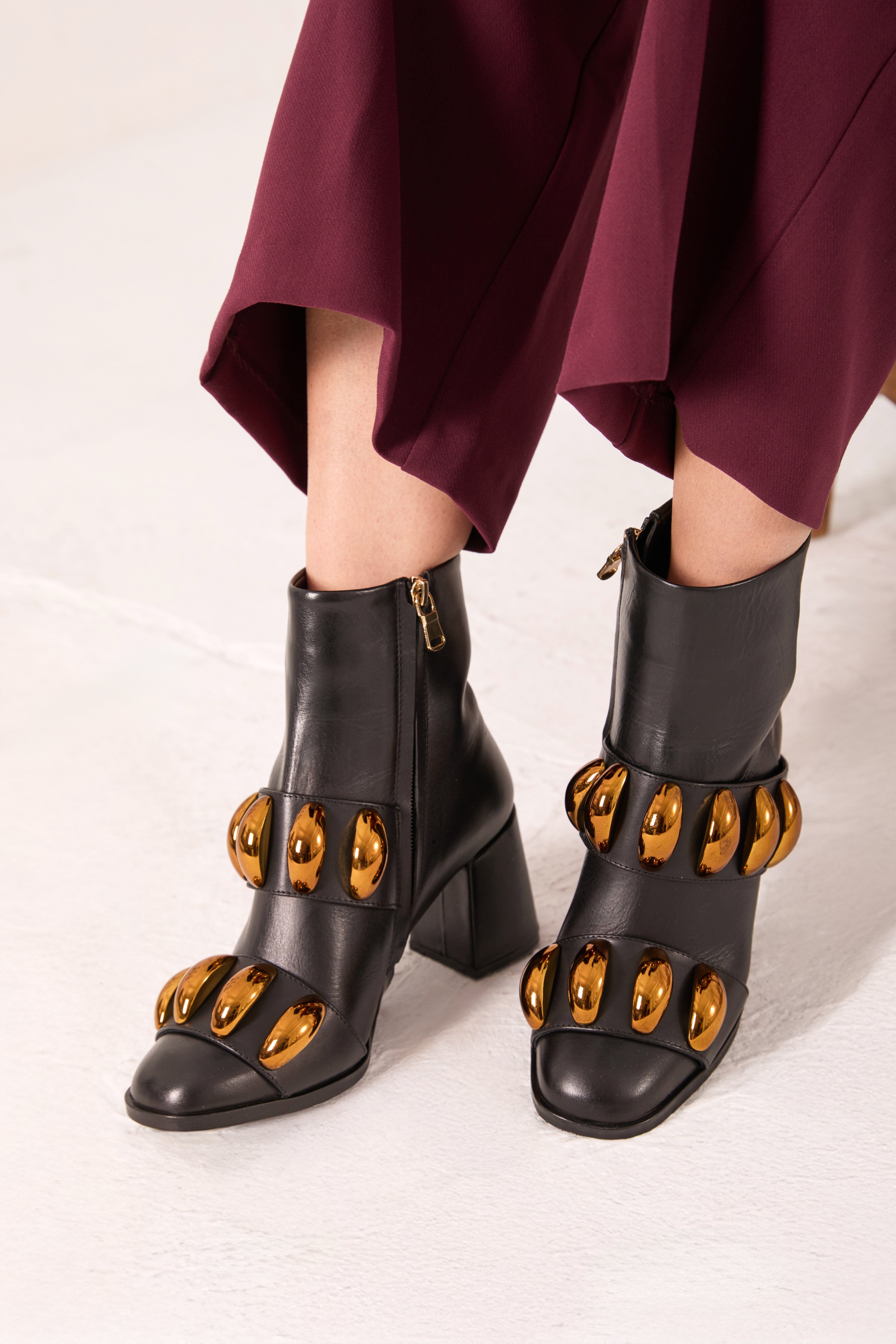 The Eclipse Black & Gold Leather Block Heel Women Boot