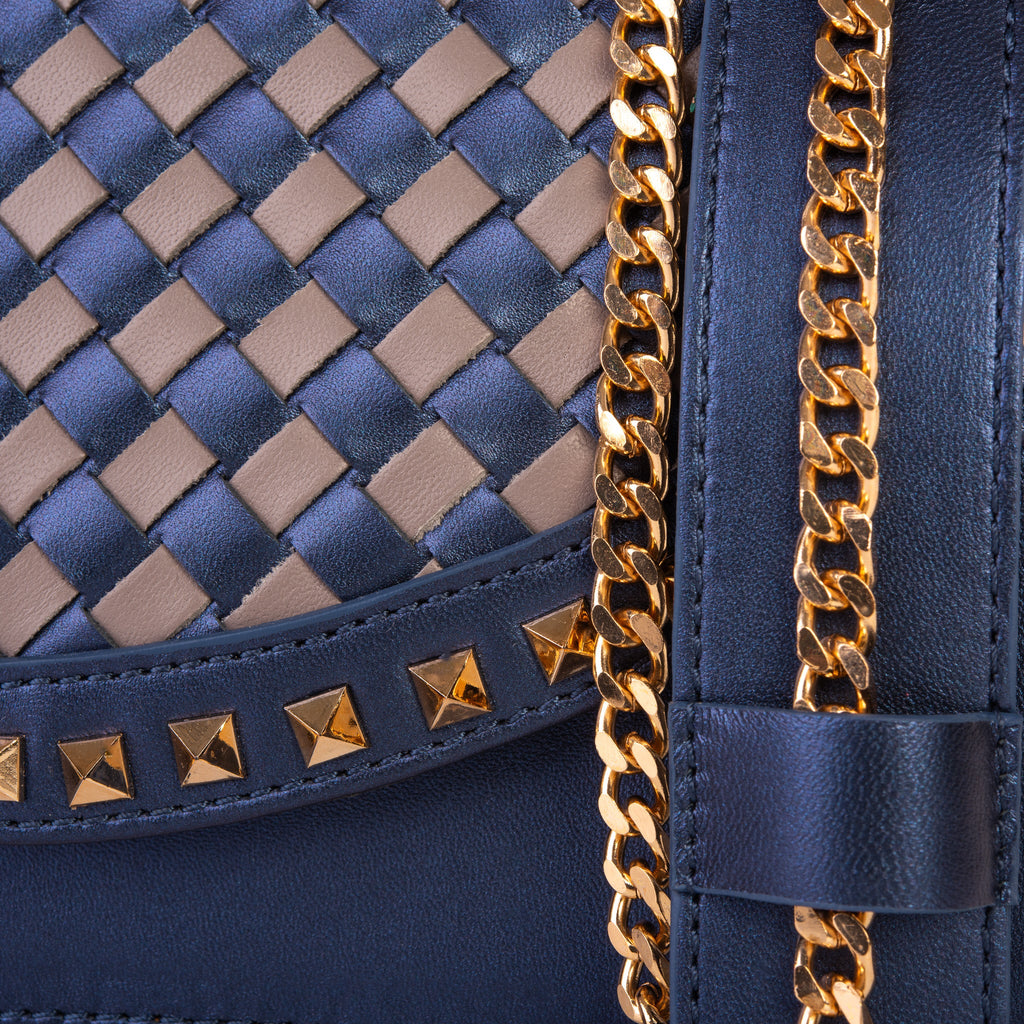 The Dosso Navy Blue and Beige Handwoven Leather Handbag