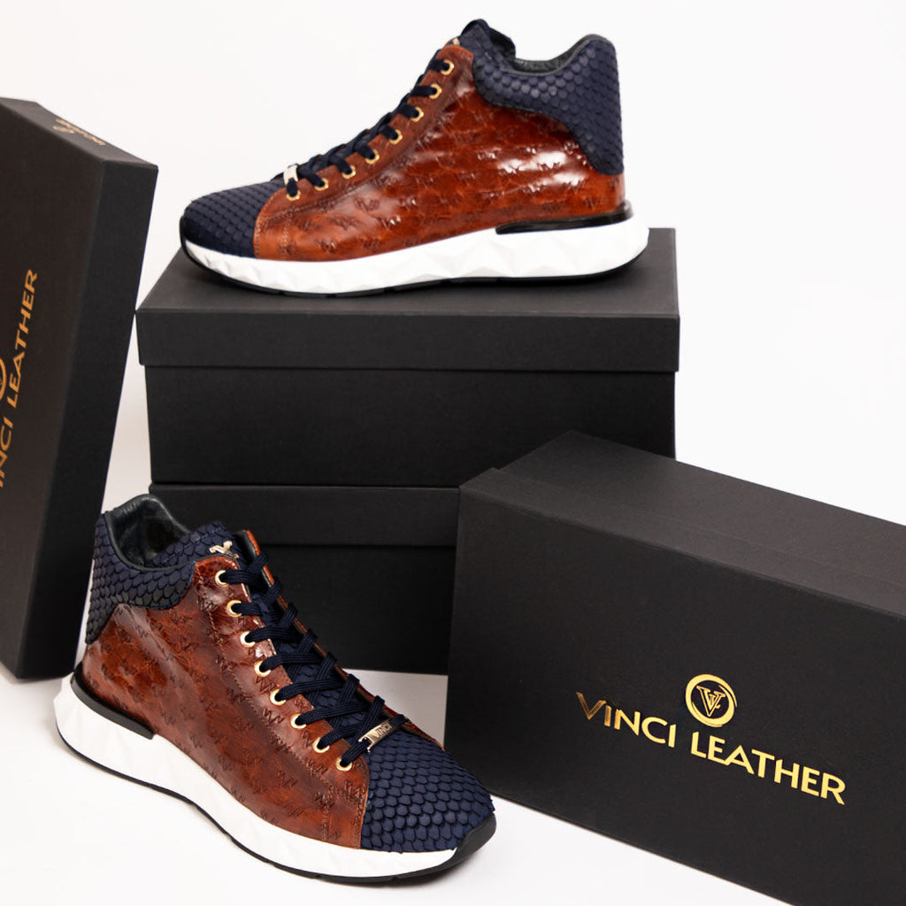 The Caesars Brown & Navy Leather High-Top Men Sneaker
