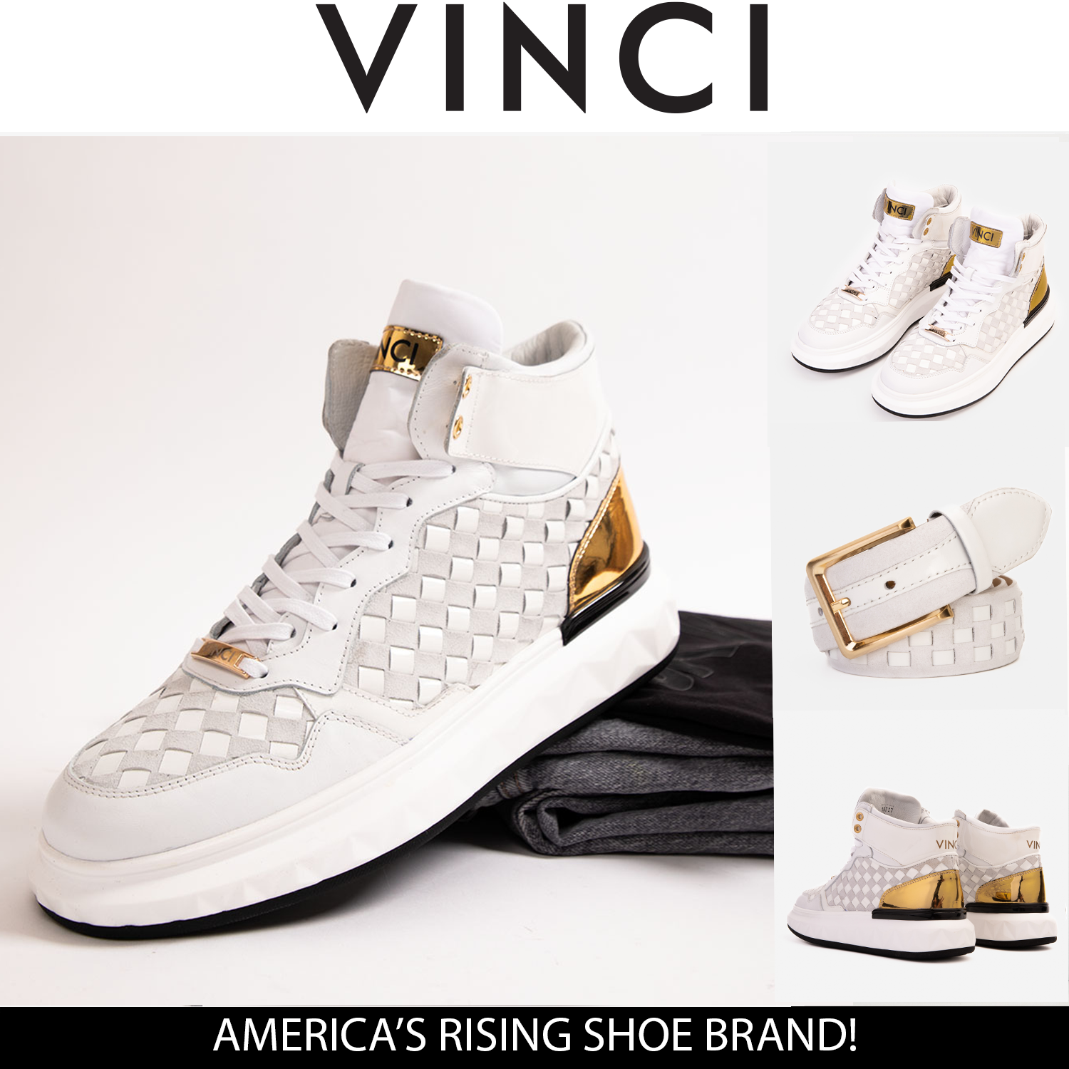 The Eugene White & Gold Woven Leather High-Top Men Sneaker